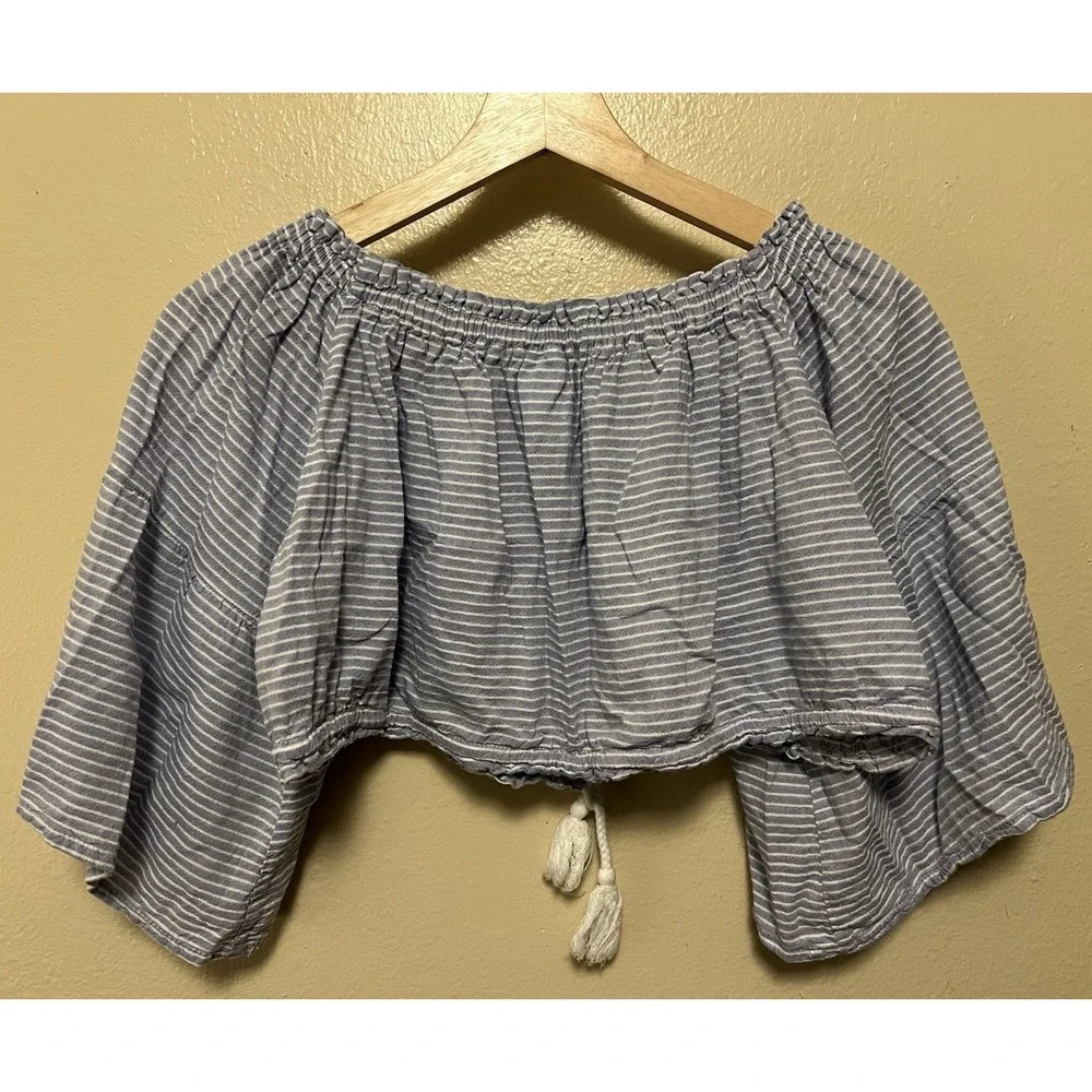 Olympic Gregory Grigoropoulos Blue White Stripe Crop‎ Peasant Blouse Top Greece